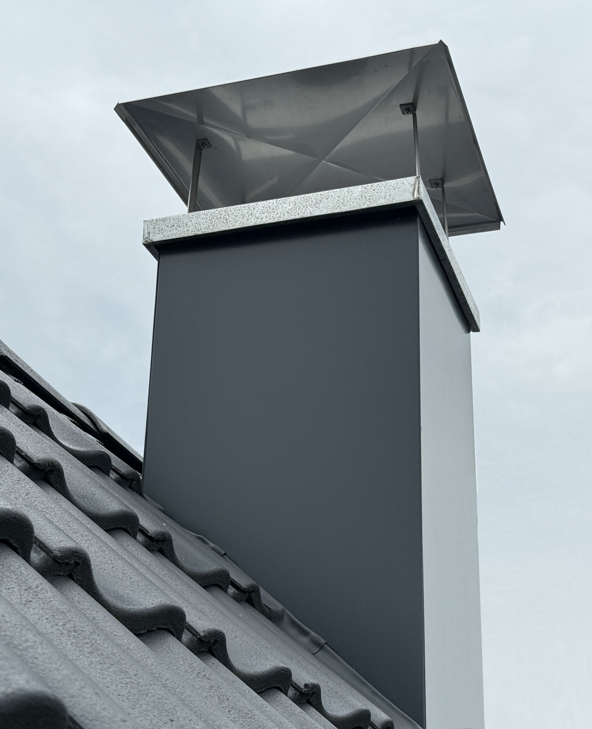 Komplettset Schornsteinkopf: Schornsteinverkleidung aus Flachblech Anthrazit RAL 7016 mit passender Abdeckung aus Edelstahl und Regenhaube aus Edelstahl